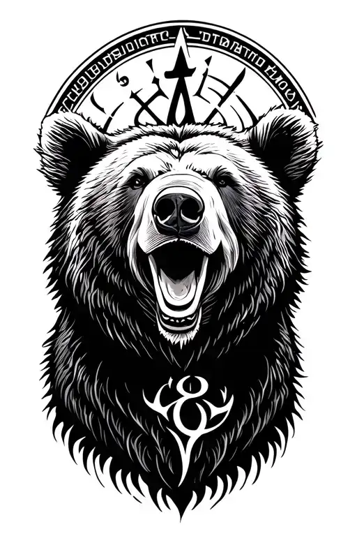 grizzly bear head with cirle of rune behind tattoo design idea