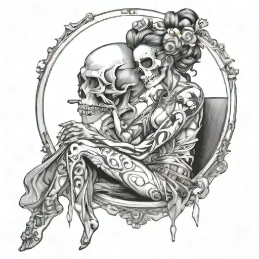 skull and mirror women sitting tattoo design idea