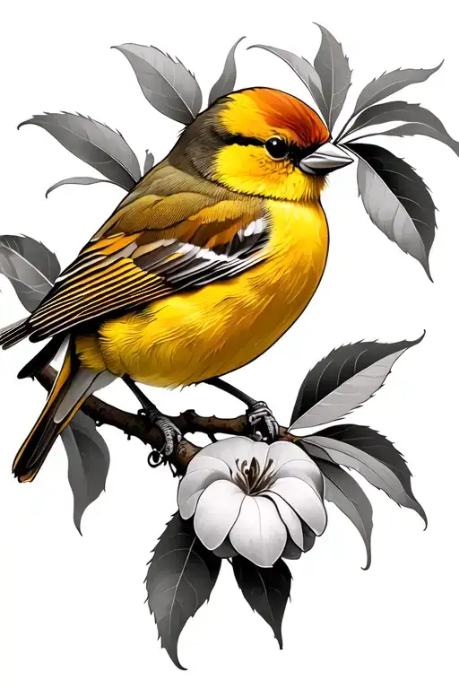 yellowfinch on a peach tree branch wrapped tattoo design idea