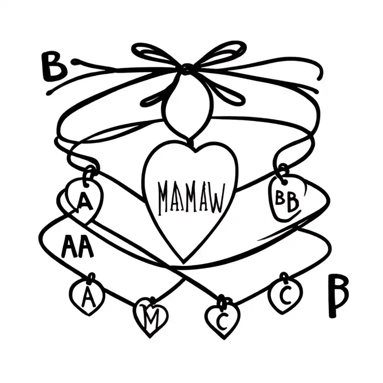 A bracelet tattoo with a Mamaw heart charm with the initials A,B,A,B,A,C,P as charms in cursive with 2 other fine line b tattoo design idea