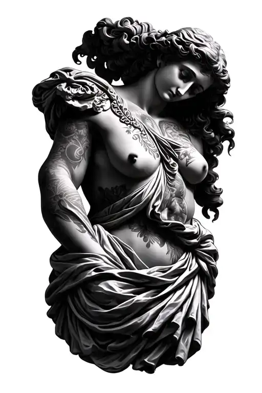 Roman statue torso with tattoos and sexy woman tattoo design idea