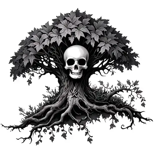 Skelton and poison ivy tree tattoo design idea
