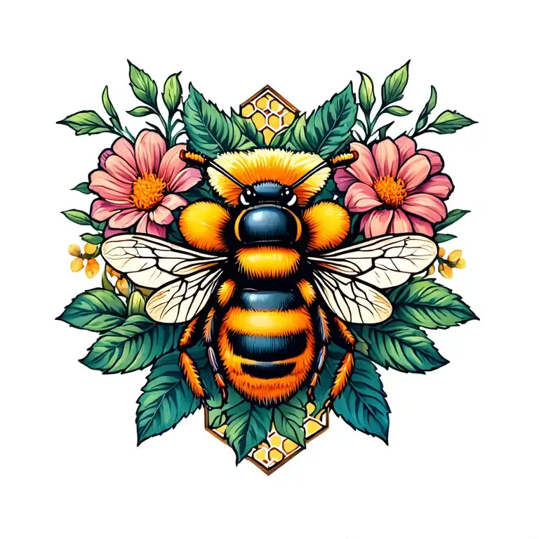 bees, flowers and honeycomb  inspired tattoo design idea