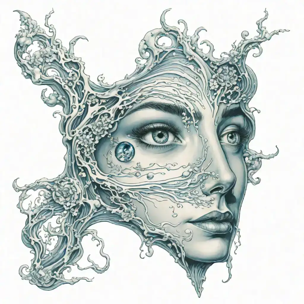 Picture of surrealistic water flowing from eyes and nature by salvador dali, highly detailed, intricate, cinematic, dreamy, surrealism tattoo tattoo design idea