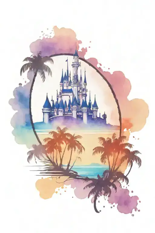 black silhouette of a cruise ship, black silhouette of two palm trees and black silhouette of disney castle on watercolo tattoo design idea