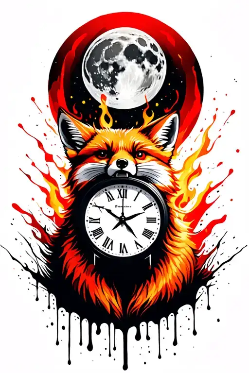 Angry ginger fox howling at the moon with the hands of a clock on it in burning forest tattoo design idea
