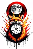 Angry ginger fox howling at the moon with the hands of a clock on it in burning forest tattoo design idea