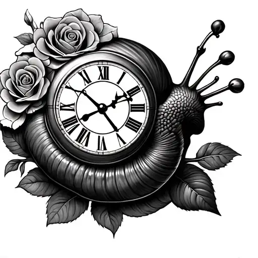 snail with roman clock and roses intertwined tattoo design idea