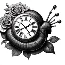 snail with roman clock and roses intertwined tattoo design idea
