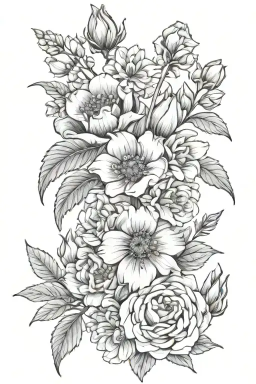 the birth flowers for February, march, may, July, August, November and December  tattoo design idea