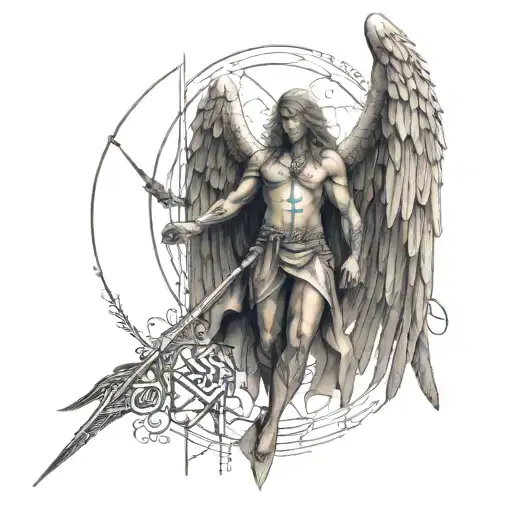 Enochian angel with intricate runes and symbols representing power and strength tattoo design idea