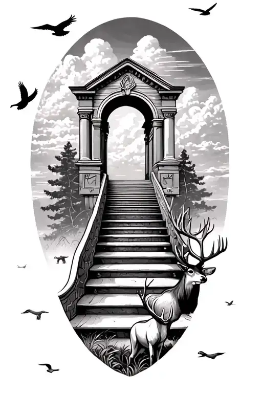 Stairway to heavens gates with clouds at the top with ducks flying. whitetail deer grazing at the bottom tattoo design idea