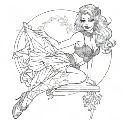 sexy nude  goth pin up girl in skirt and crop top tattoo design idea