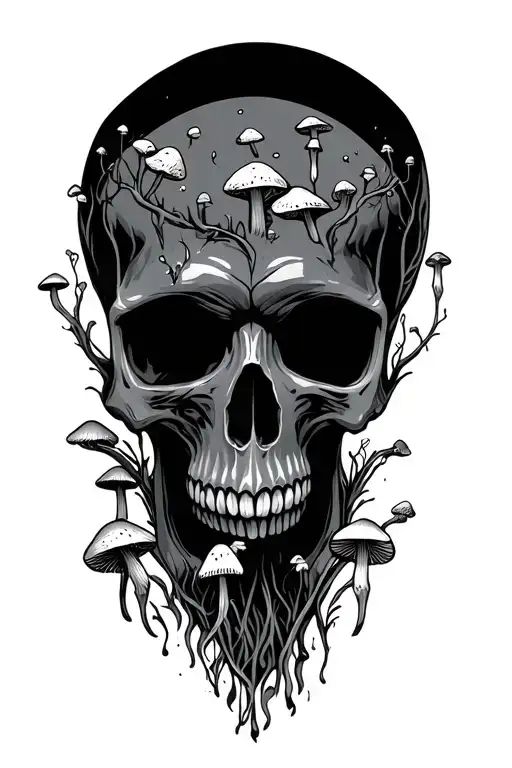 skull with mushrooms growing around it tattoo design idea