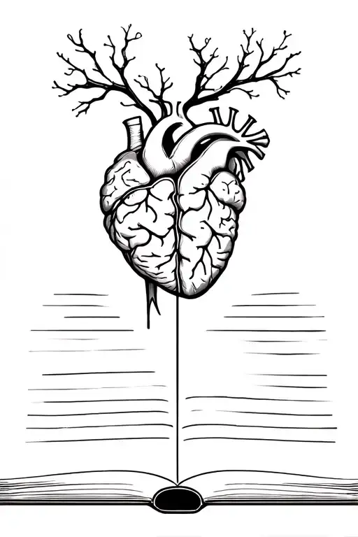 half anatomic heart and brain above an open book tattoo design idea