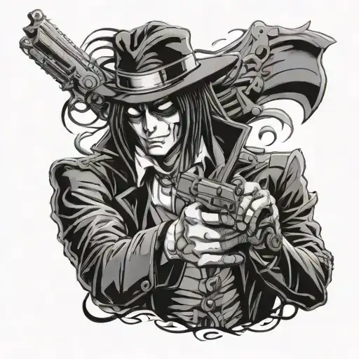 alucard from hellsing ultimate with pistols and glove full sleeve tattoo  tattoo design idea