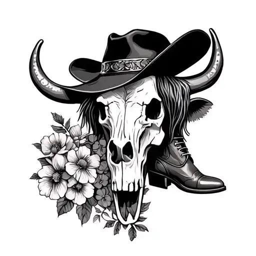 highland cow skull, cowboy boots, cowboy hat and flowers  tattoo design idea
