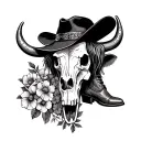 highland cow skull, cowboy boots, cowboy hat and flowers  tattoo design idea