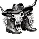 highland cow skull, cowboy boots, cowboy hat and flowers  tattoo design idea