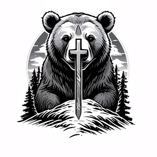Nature Mountain Bear & Cross combine tattoo design idea
