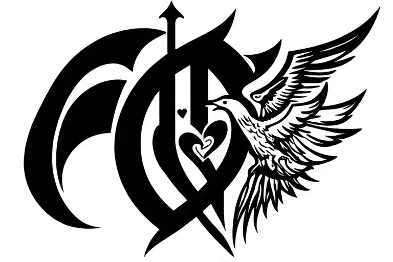 Grind me a tattoo with: the letters e r i ole soleille symbol infiniune swords a dove of a circled circledes hearts tattoo design idea