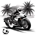 motogp motorcycle racing past an acoustic guitar, soccer ball, tropical beach tattoo design idea