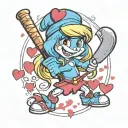 Smurfette with a baseball bat and hearts tattoo design idea
