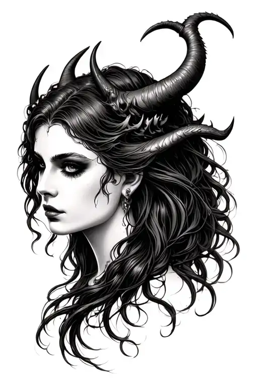 nkaed demon lady head with long hair tattoo design idea