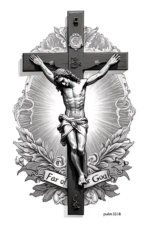 A detailed crucifix tattoo of Jesus and under it, it says “ Fear Of God” and then under Fear Of God it says “psalm 33:8” tattoo design idea