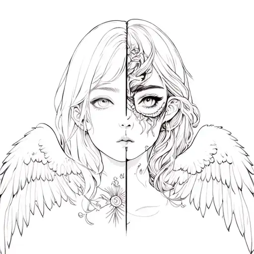 anime girl split face design angel and demon tattoo design idea