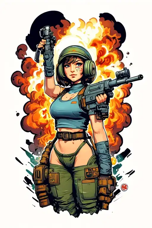 fallout themed with vault girl and nuke boom on top tattoo design idea