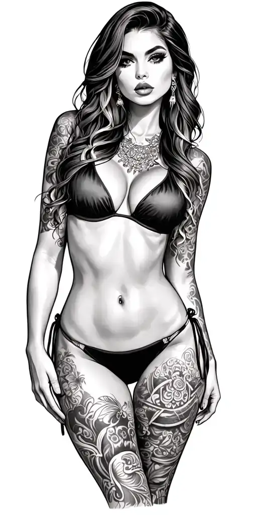 Sexy beautiful girl, petite, big boobs, wide hips, bikini . long hair,sexual. Seductive. Full Body,   tattoo design idea