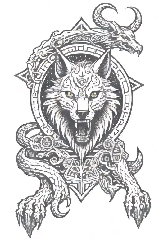 fenrir with gemini zodiac and runes tattoo design idea