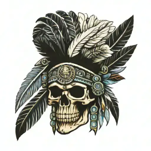 a skull warrior wearing traditional mayan headgear adorned with feathers, symbolizing honor and tradition The armor tattoo design idea