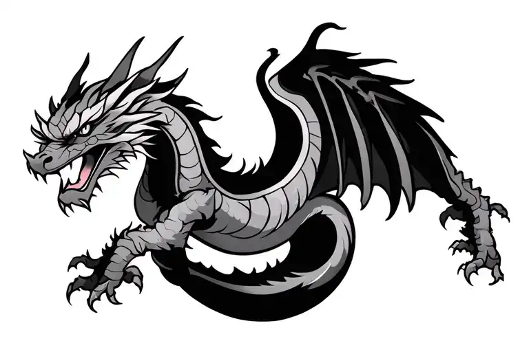 single head traditional Japanese dragon without wings black and grey full length design tattoo design idea