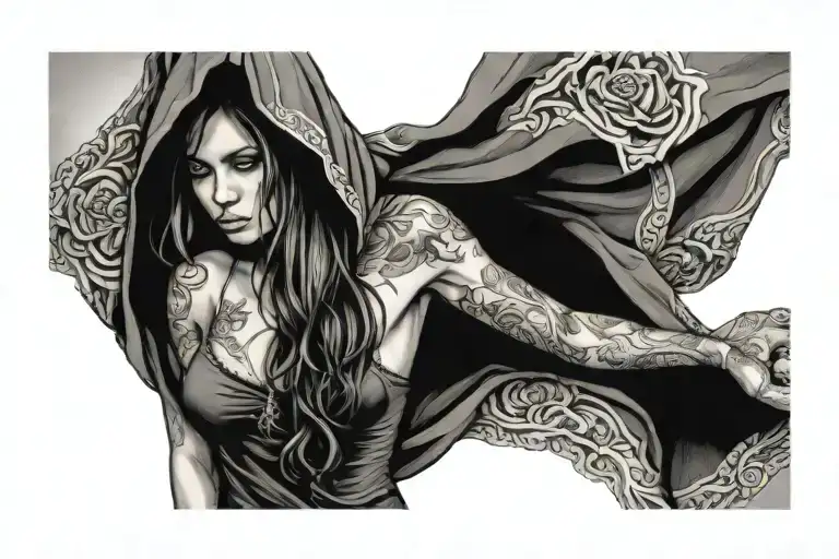 angdl flowing dress stood up but slanted, hooded so face is covered but you can still see her beauty tattoo design idea