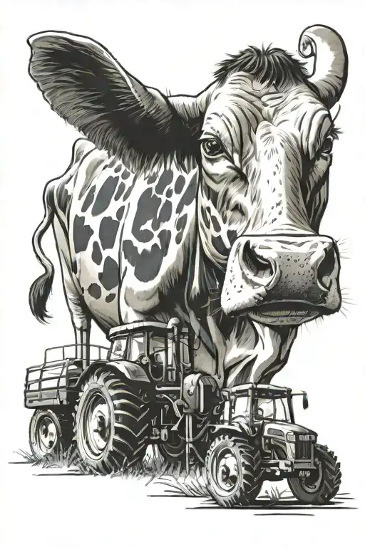 farmer cow and tractor transforming tattoo design idea