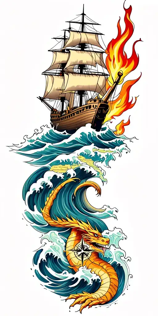 on the upper arm a ship and compass with a map over waves that go down into the forearm and turn into fire from a dragon tattoo design idea