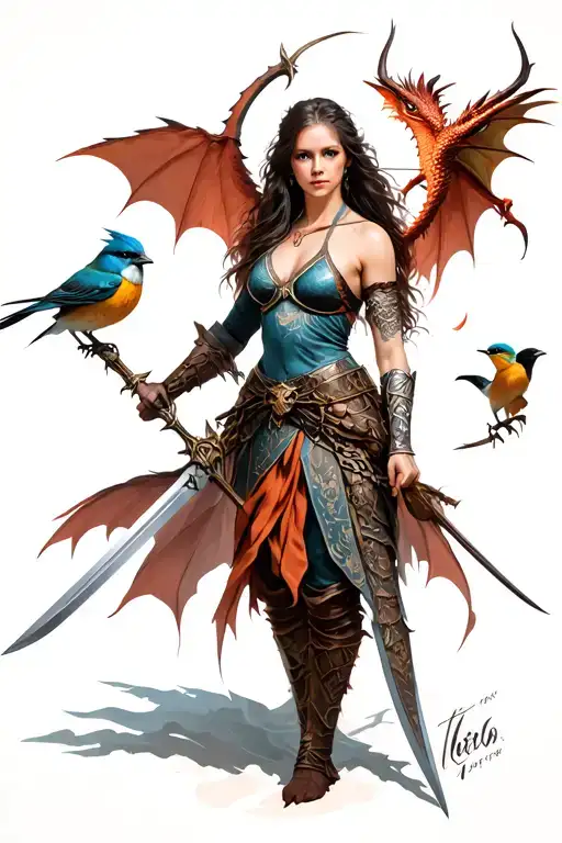 Female warrior with sword, femal warrior with bow and arrow, female warrior with glaive. Add baby dragon, sparrows and b tattoo design idea