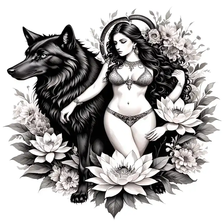 Aries sexy goddess surrounded by poeny and lotus flowers and black wolf  tattoo design idea