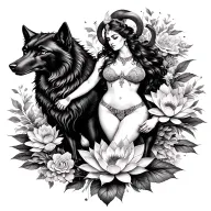 Aries sexy goddess surrounded by poeny and lotus flowers and black wolf  tattoo design idea