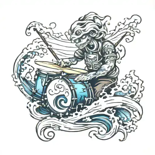 drummer ocean waves tattoo design idea