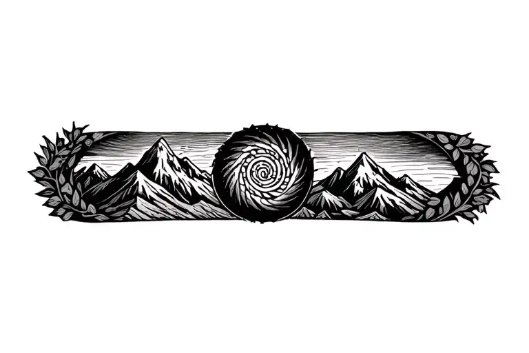 Pachamama spiral with mountain outline intertwined coca leaves tattoo design idea