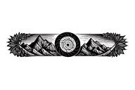 Pachamama spiral with mountain outline intertwined coca leaves tattoo design idea