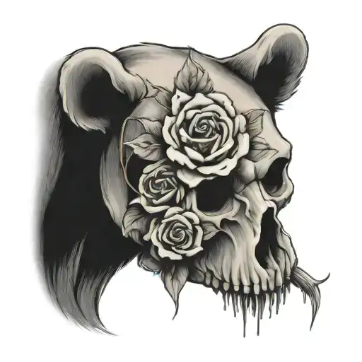 bear skull and roses tattoo design idea