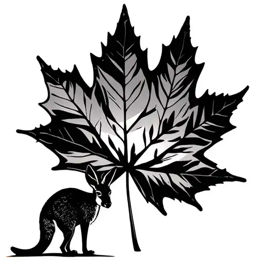 a maple leaf that has the australian desert sunset in the background and a kangaroo standing on its hind legs  tattoo design idea