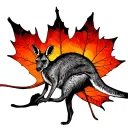 a maple leaf that has the australian desert sunset in the background and a kangaroo standing on its hind legs  tattoo design idea