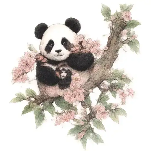 Panda and its cub hanging from a cherry blossom tree tattoo design idea