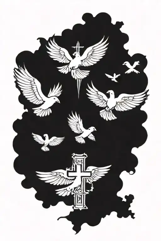gothic Cross with pigeons flying around it tattoo design idea