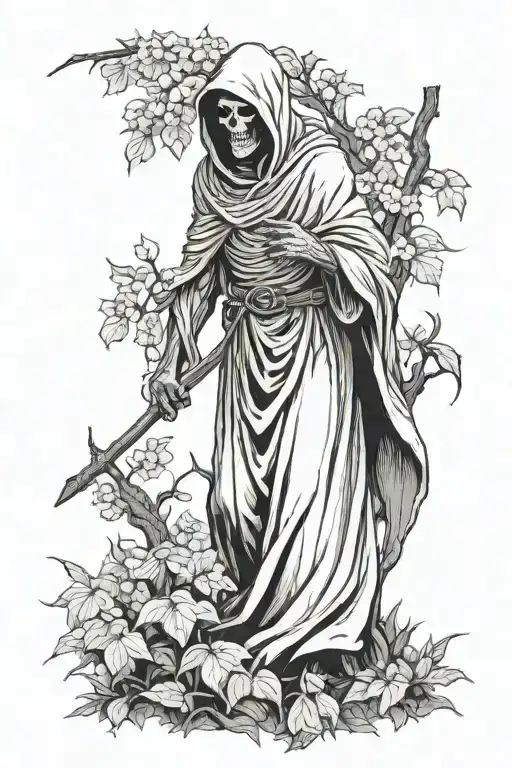 grim reaper standing under a dogwood tree tattoo design idea